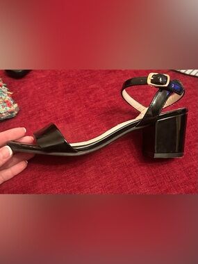 ruby & bloom Black Patent Block Heel Ankle Strap Sandals